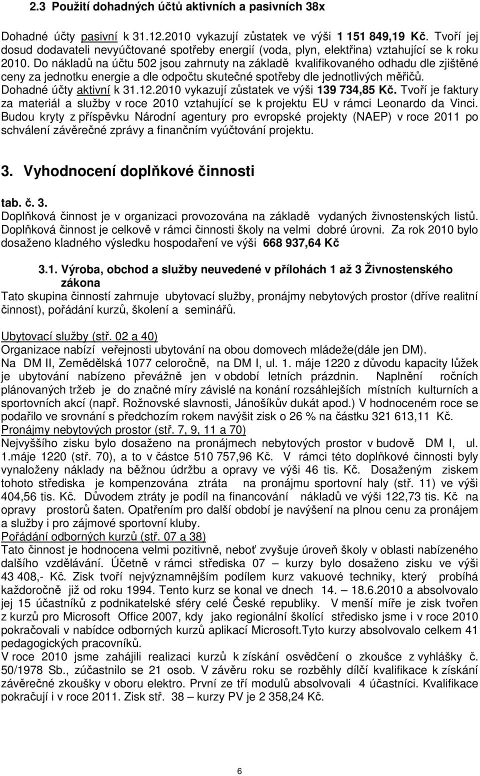 Do nákladů na účtu 502 jsou zahrnuty na základě kvalifikovaného odhadu dle zjištěné ceny za jednotku energie a dle odpočtu skutečné spotřeby dle jednotlivých měřičů. Dohadné účty aktivní k 31.12.