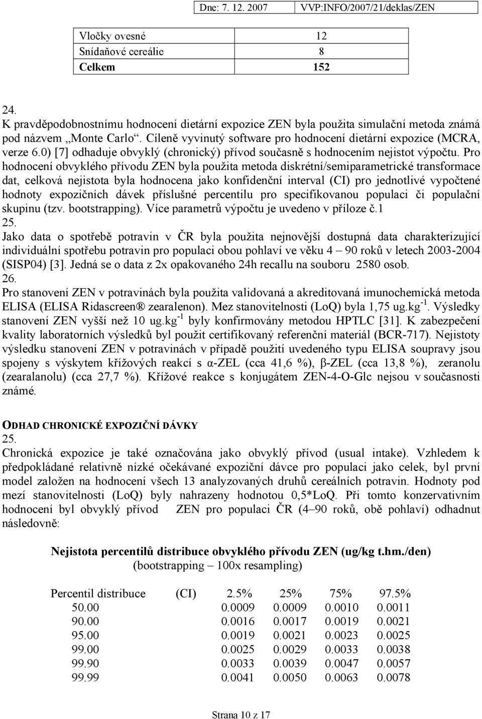 Pro hodnocení obvyklého přívodu ZEN byla použita metoda diskrétní/semiparametrické transformace dat, celková nejistota byla hodnocena jako konfidenční interval (CI) pro jednotlivé vypočtené hodnoty