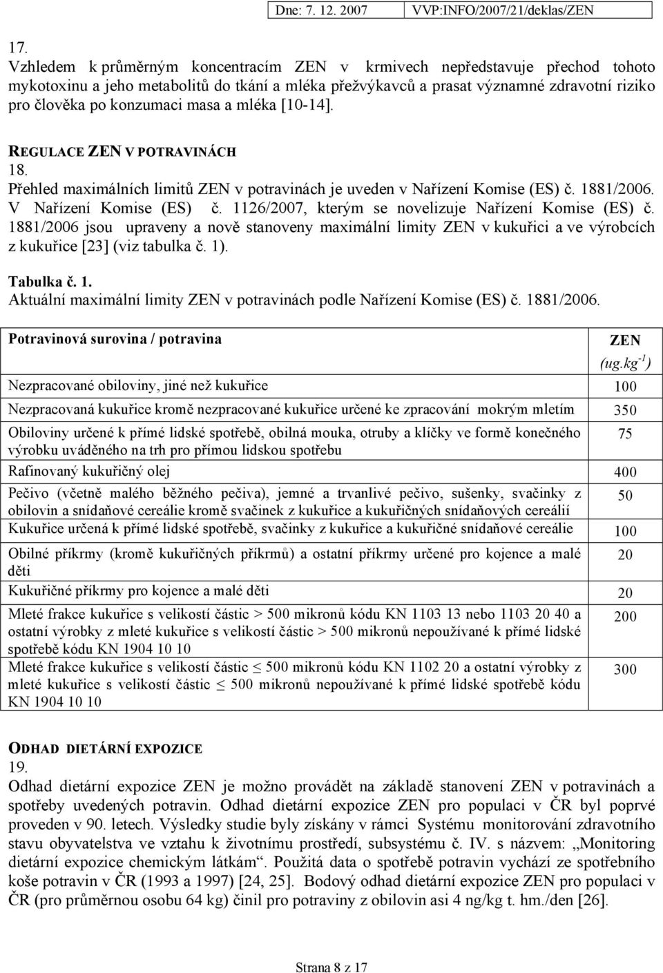 1126/2007, kterým se novelizuje Nařízení Komise (ES) č. 1881/2006 jsou upraveny a nově stanoveny maximální limity ZEN v kukuřici a ve výrobcích z kukuřice [23] (viz tabulka č. 1). Tabulka č. 1. Aktuální maximální limity ZEN v potravinách podle Nařízení Komise (ES) č.