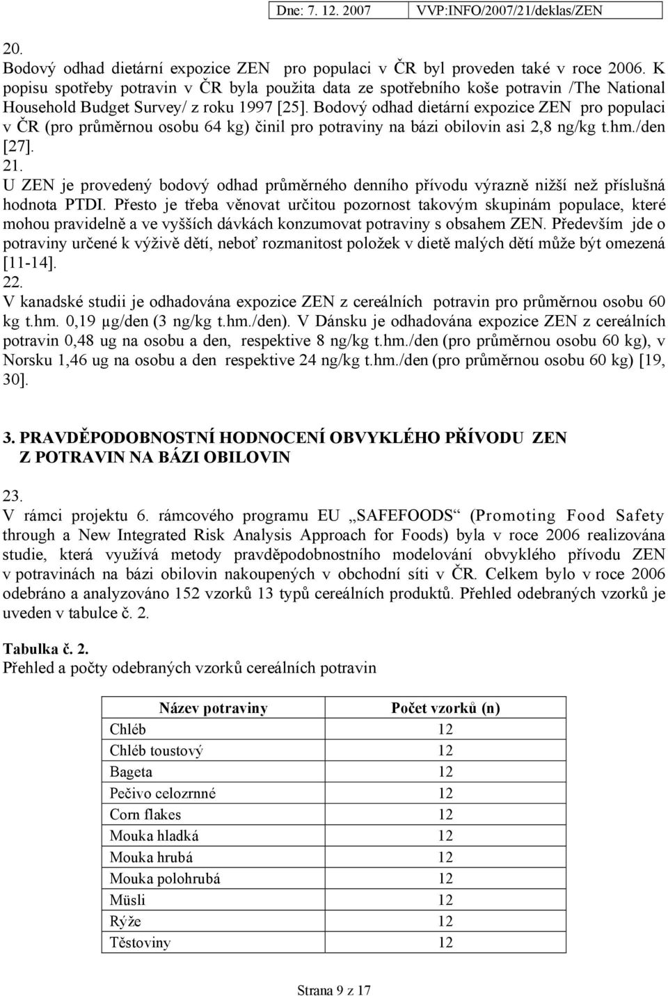 Bodový odhad dietární expozice ZEN pro populaci v ČR (pro průměrnou osobu 64 kg) činil pro potraviny na bázi obilovin asi 2,8 ng/kg t.hm./den [27]. 21.