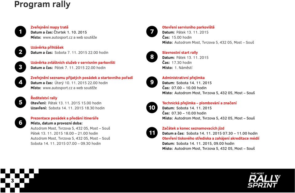 00 hodin Slavnostní start rally Datum:Pátek 13. 11. 2015 Čas: 17.30 hodin Místo: 1. Náměstí 4 5 6 Zveřejnění seznamu přijatých posádek a startovního pořadí Datum a čas: Úterý 10. 11. 2015 22.