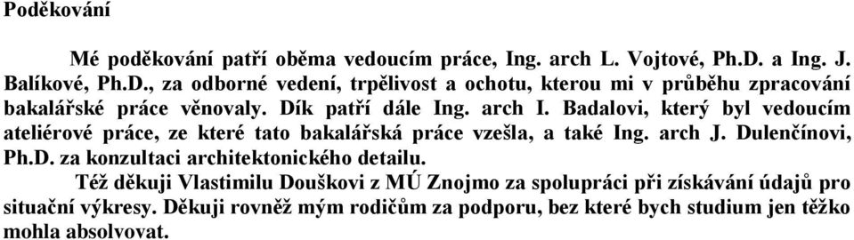 arch I. Badalovi, který byl vedoucím ateliérové práce, ze které tato bakalářská práce vzešla, a také Ing. arch J. Du