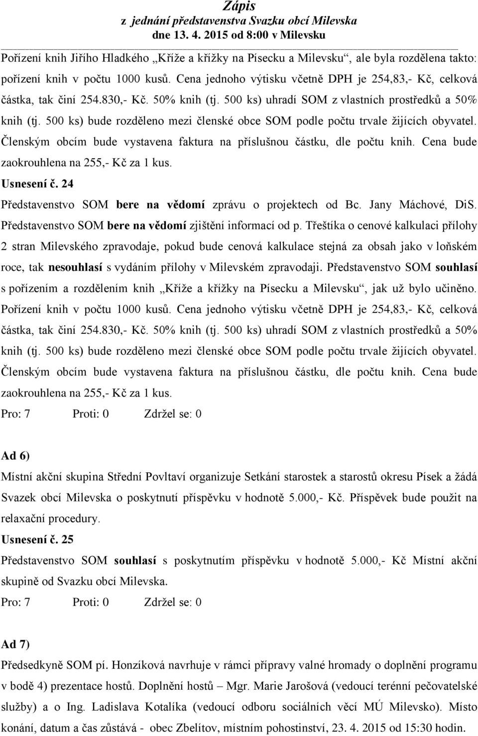 500 ks) bude rozděleno mezi členské obce SOM podle počtu trvale žijících obyvatel. Členským obcím bude vystavena faktura na příslušnou částku, dle počtu knih.