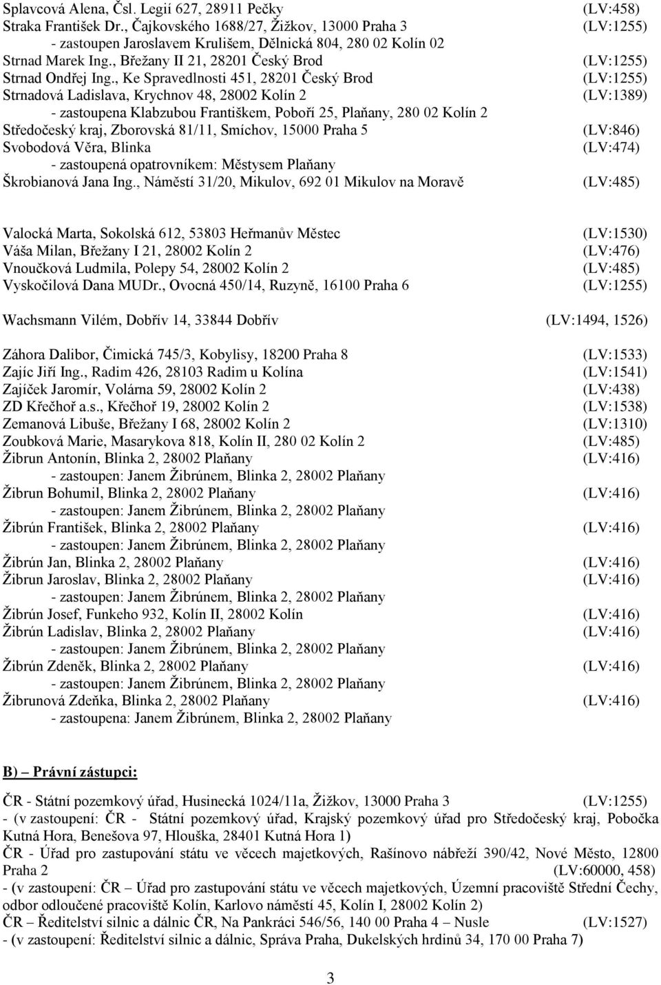 , Ke Spravedlnosti 451, 28201 Český Brod Strnadová Ladislava, Krychnov 48, 28002 Kolín 2 - zastoupena Klabzubou Františkem, Poboří 25, Plaňany, 280 02 Kolín 2 Středočeský kraj, Zborovská 81/11,