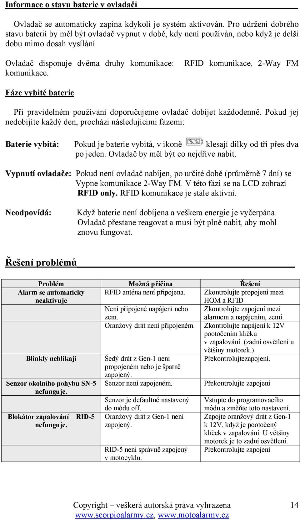 Ovladač disponuje dvěma druhy komunikace: RFID komunikace, 2-Way FM komunikace. Fáze vybité baterie Při pravidelném používání doporučujeme ovladač dobíjet každodenně.