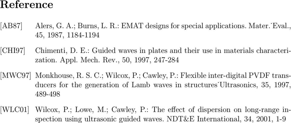 : Flexible inter-digital PVDF transducers for the generation of Lamb waves in structures Ultrasonics, 35, 997, 489-498 [WLC] Wilcox, P.