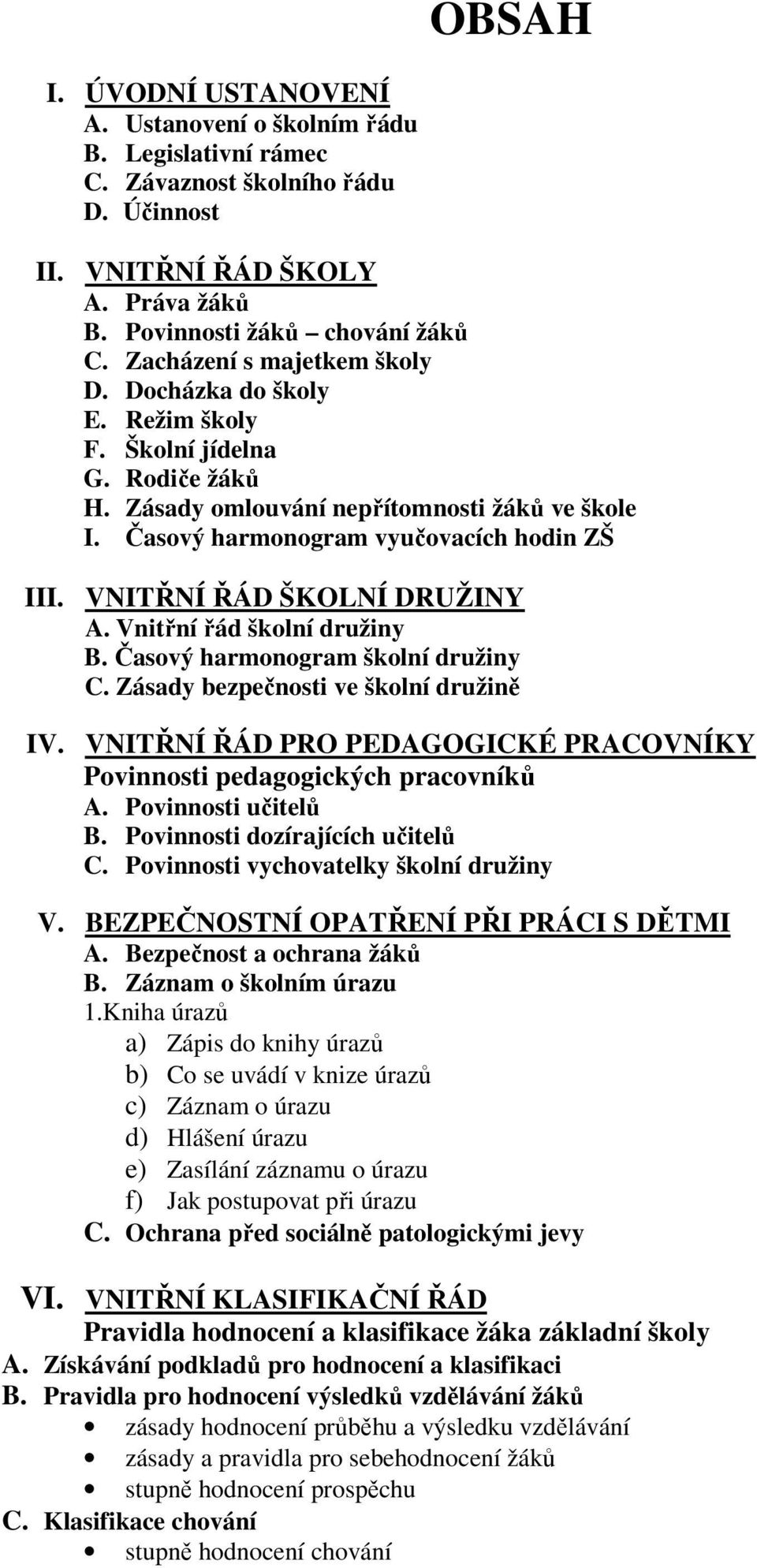 VNITŘNÍ ŘÁD ŠKOLNÍ DRUŽINY A. Vnitřní řád školní družiny B. Časový harmonogram školní družiny C. Zásady bezpečnosti ve školní družině IV.