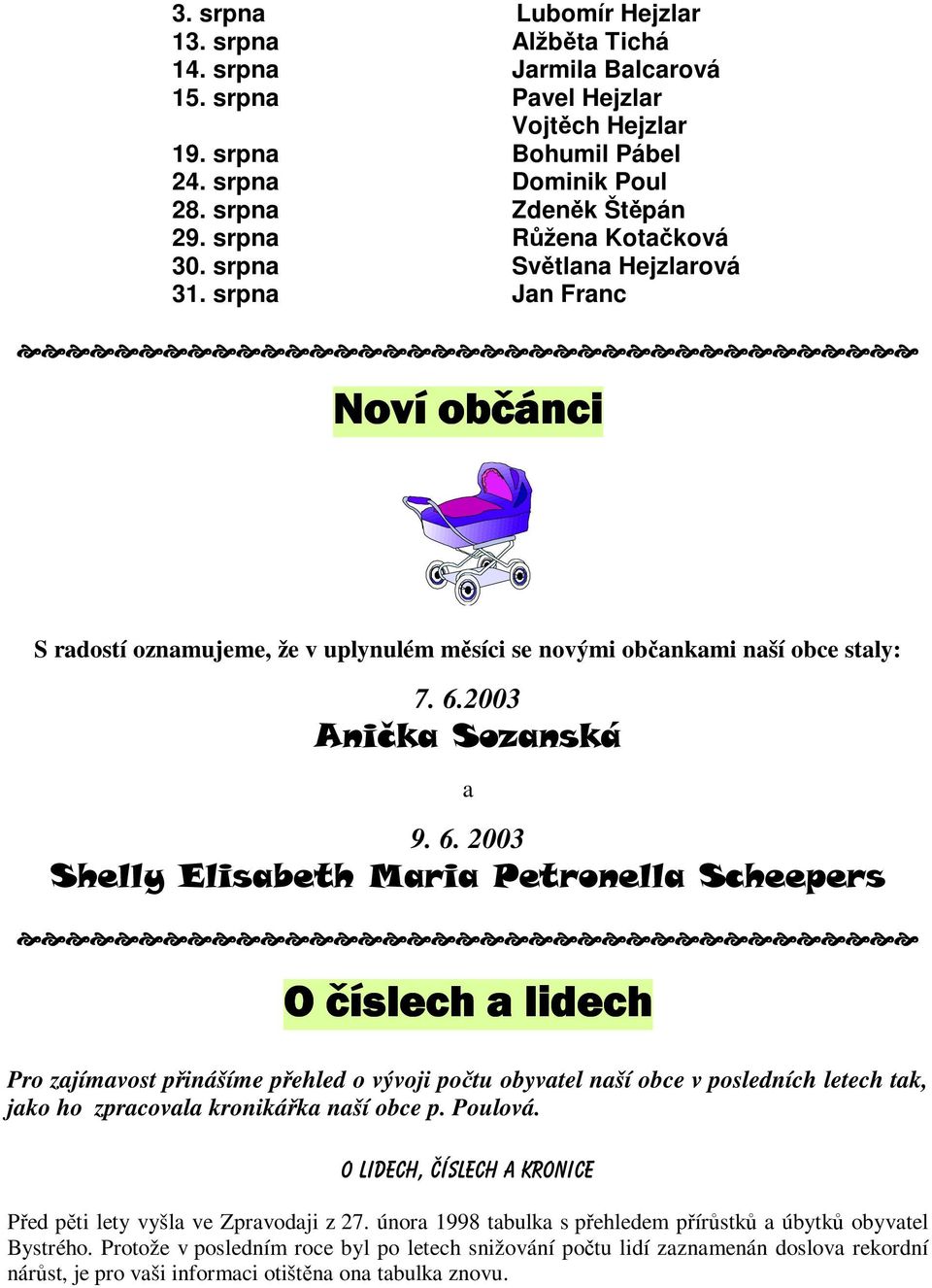 2003 a 9. 6. 2003 Pro zajímavost pinášíme pehled o vývoji potu obyvatel naší obce v posledních letech tak, jako ho zpracovala kronikáka naší obce p. Poulová.