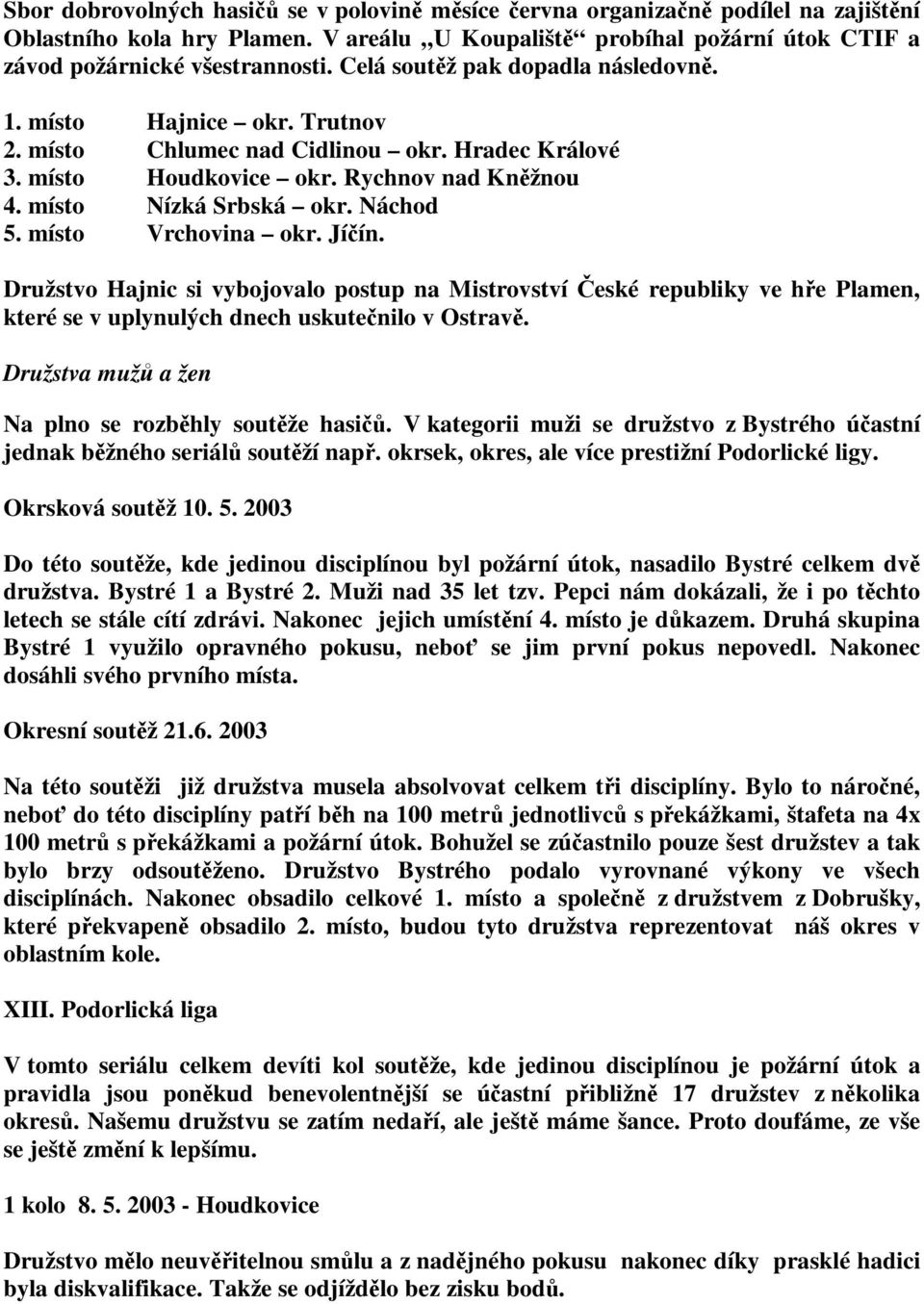 místo Vrchovina okr. Jíín. Družstvo Hajnic si vybojovalo postup na Mistrovství eské republiky ve he Plamen, které se v uplynulých dnech uskutenilo v Ostrav.