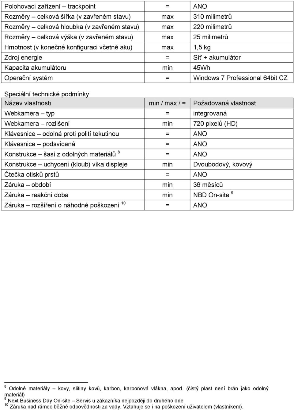 technické podmínky Webkamera typ = integrovaná Webkamera rozlišení min 720 pixelů (HD) Klávesnice odolná proti polití tekutinou = ANO Klávesnice podsvícená = ANO Konstrukce šasí z odolných materiálů