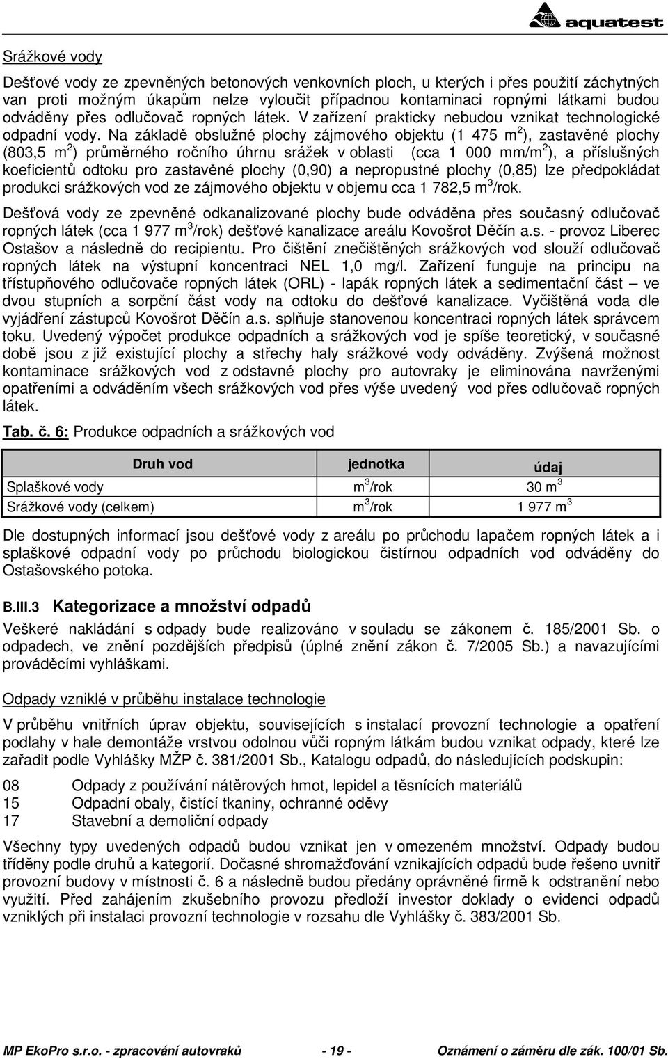 Na základě obslužné plochy zájmového objektu (1 475 m 2 ), zastavěné plochy (803,5 m 2 ) průměrného ročního úhrnu srážek v oblasti (cca 1 000 mm/m 2 ), a příslušných koeficientů odtoku pro zastavěné