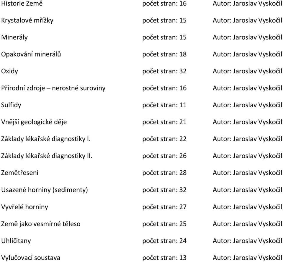 Vnější geologické děje počet stran: 21 Autor: Jaroslav Vyskočil Základy lékařské diagnostiky I. počet stran: 22 Autor: Jaroslav Vyskočil Základy lékařské diagnostiky II.