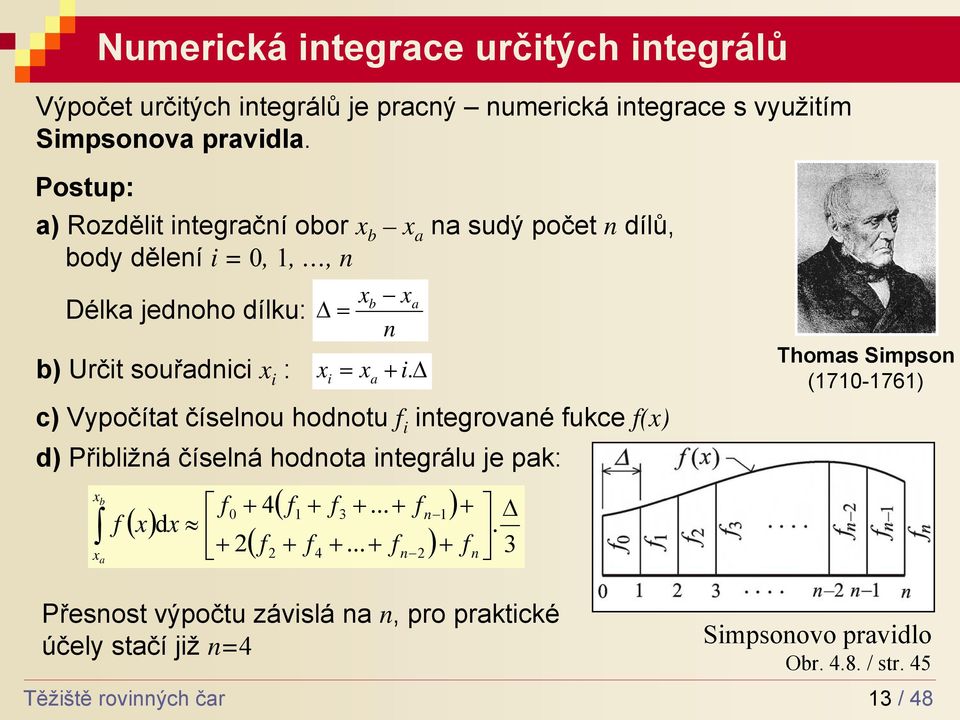 i. Δ i c) Vypočítt číselnou hodnotu f i integrovné fukce f() d) Přiližná číselná hodnot integrálu je pk: f ( ) d f + + 4( f1 + f +.