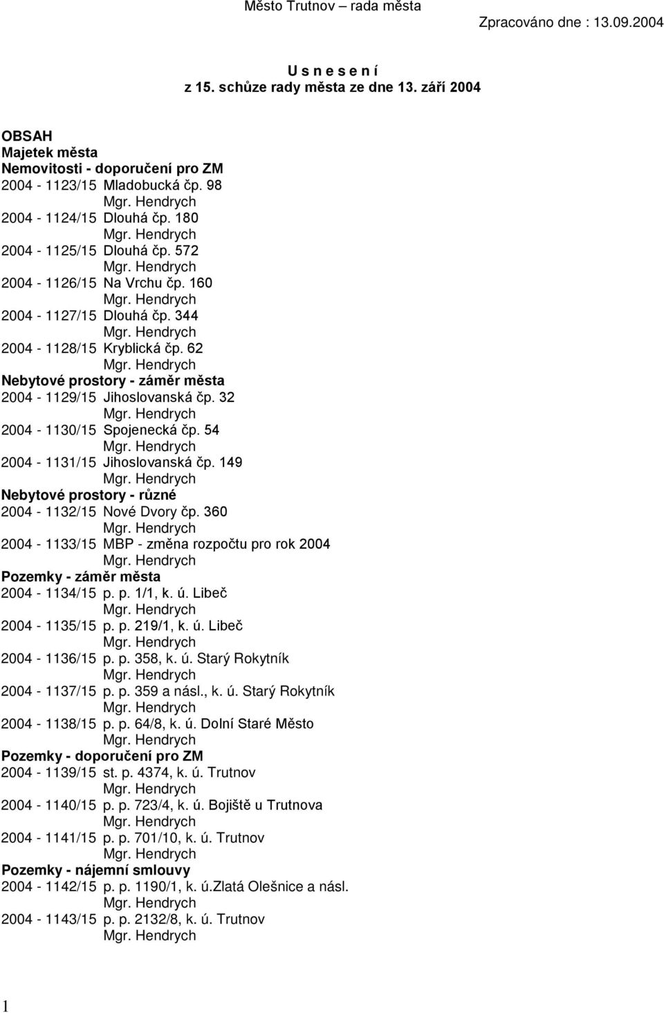 62 Nebytové prostory - záměr města 2004-1129/15 Jihoslovanská čp. 32 2004-1130/15 Spojenecká čp. 54 2004-1131/15 Jihoslovanská čp. 149 Nebytové prostory - různé 2004-1132/15 Nové Dvory čp.