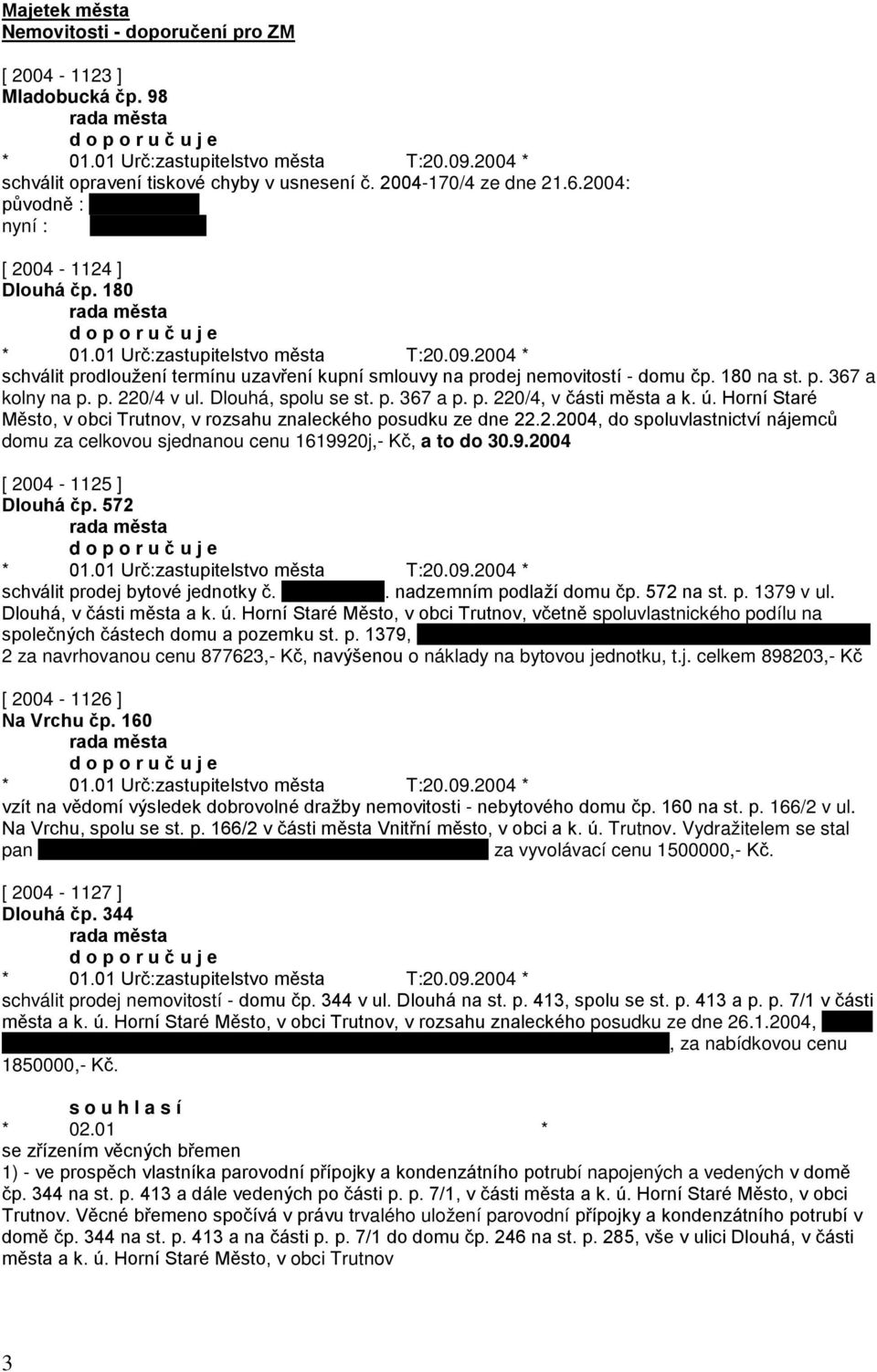 Horní Staré Město, v obci Trutnov, v rozsahu znaleckého posudku ze dne 22.2.2004, do spoluvlastnictví nájemců domu za celkovou sjednanou cenu 1619920j,- Kč, a to do 30.9.2004 [ 2004-1125 ] Dlouhá čp.