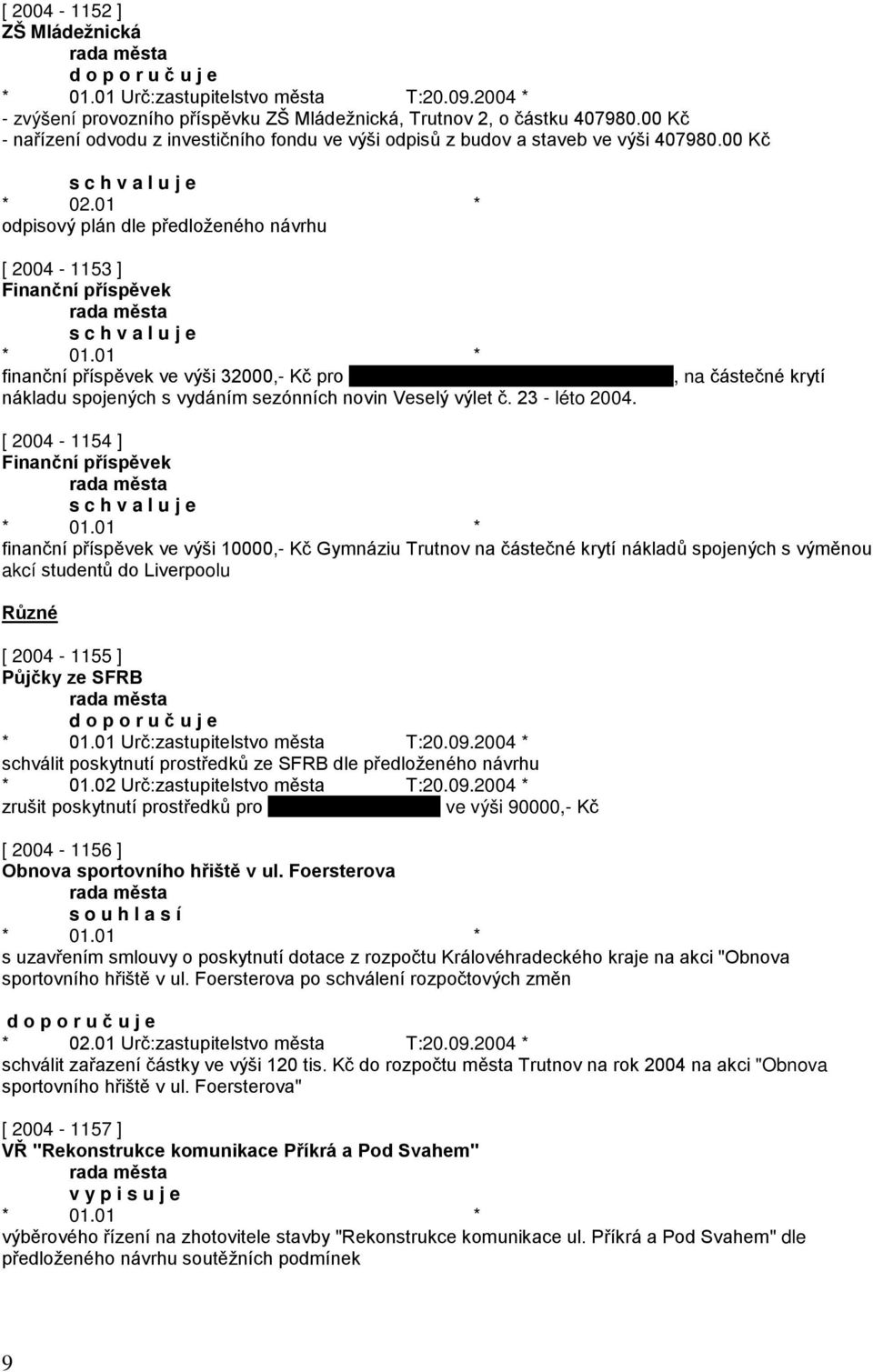 , na částečné krytí [ 2004-1154 ] Finanční příspěvek finanční příspěvek ve výši 10000,- Kč Gymnáziu Trutnov na částečné krytí nákladů spojených s výměnou akcí studentů do Liverpoolu Různé [ 2004-1155