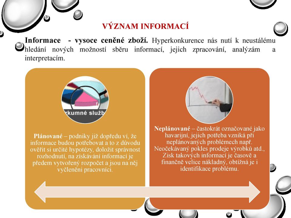 Plánované podniky jiţ dopředu ví, ţe informace budou potřebovat a to z důvodu ověřit si určité hypotézy, doloţit správnost rozhodnutí, na získávání informací je