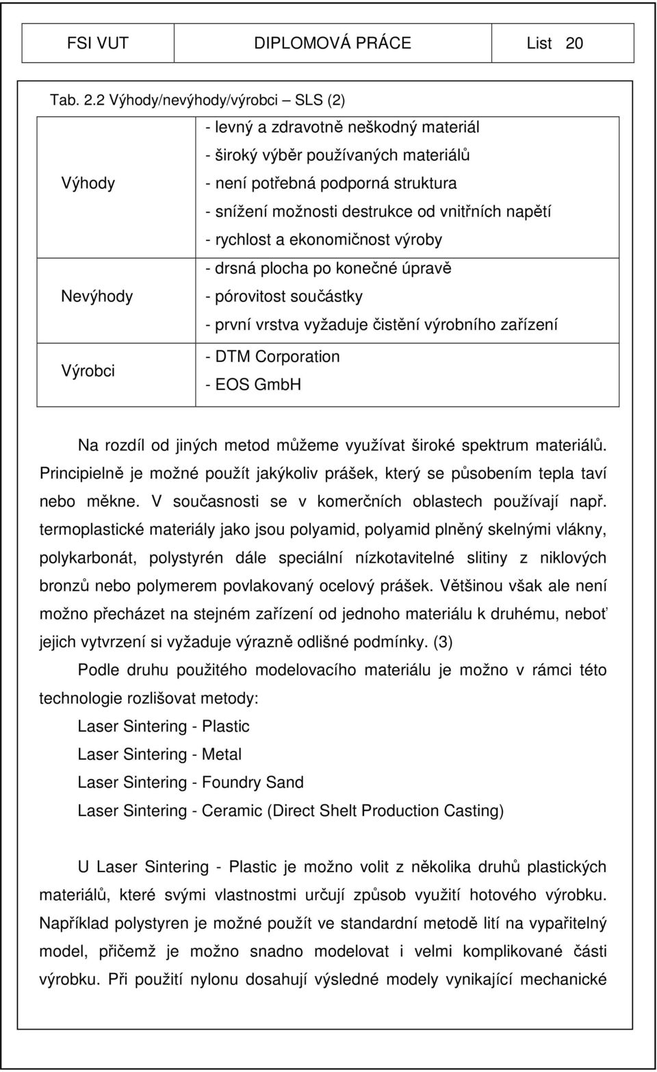 2 Výhody/nevýhody/výrobci SLS (2) - levný a zdravotně neškodný materiál - široký výběr používaných materiálů Výhody - není potřebná podporná struktura - snížení možnosti destrukce od vnitřních napětí