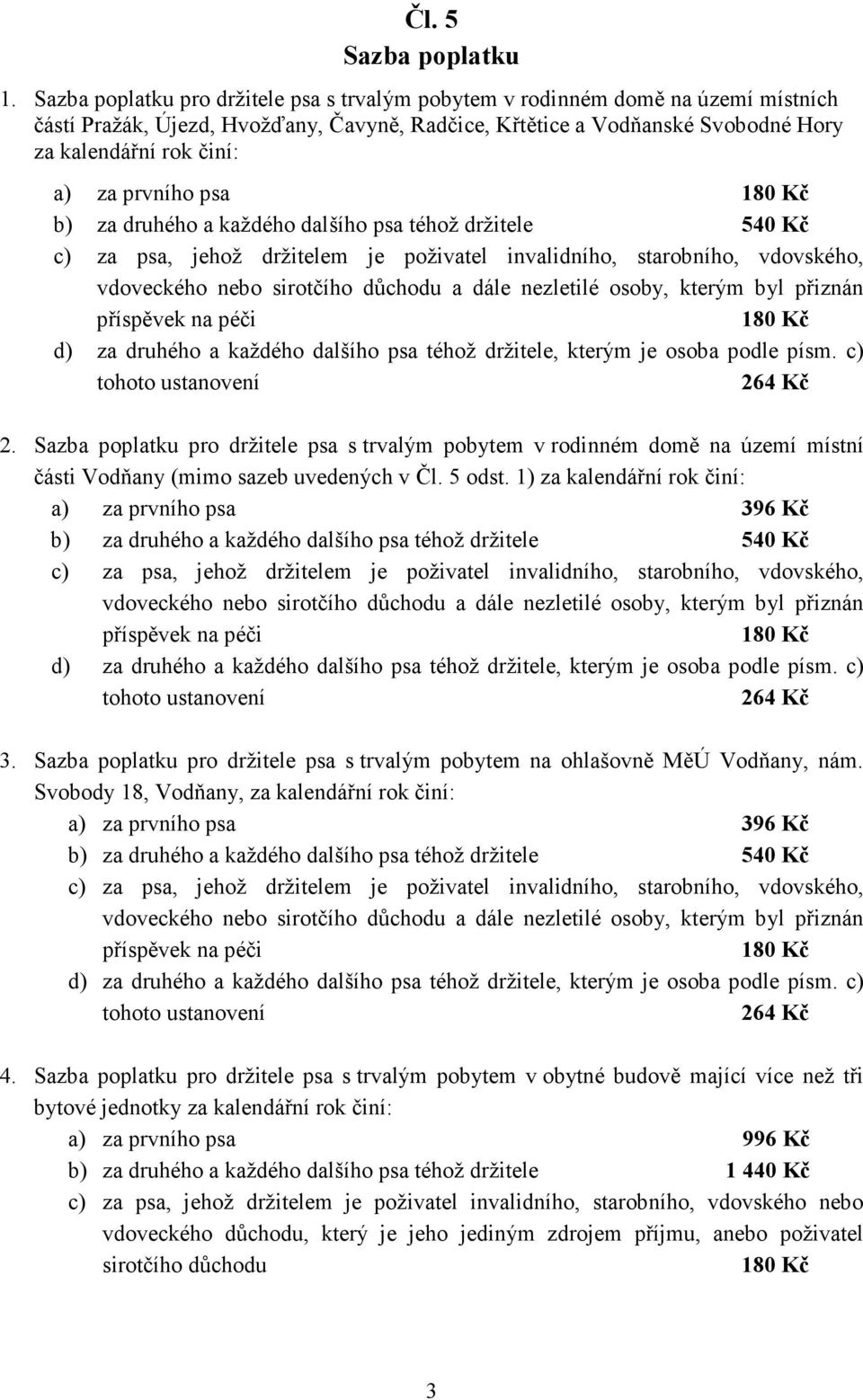 prvního psa 2. Sazba poplatku pro držitele psa s trvalým pobytem v rodinném domě na území místní části Vodňany (mimo sazeb uvedených v Čl. 5 odst.