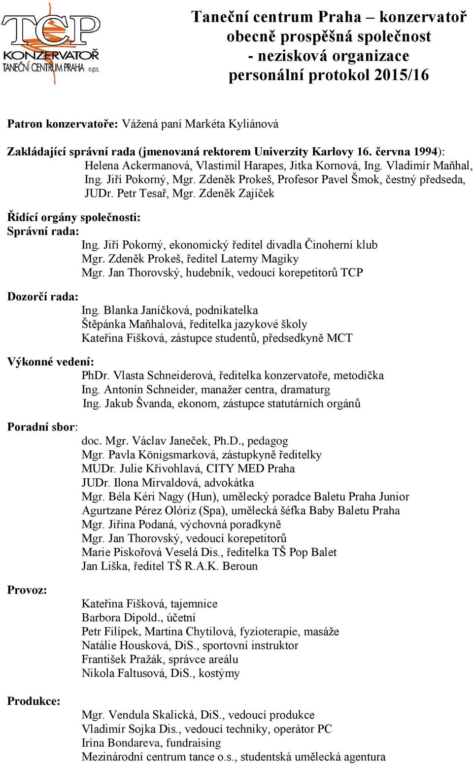 Zdeněk Prokeš, Profesor Pavel Šmok, čestný předseda, JUDr. Petr Tesař, Mgr. Zdeněk Zajíček Řídící orgány společnosti: Správní rada: Ing. Jiří Pokorný, ekonomický ředitel divadla Činoherní klub Mgr.