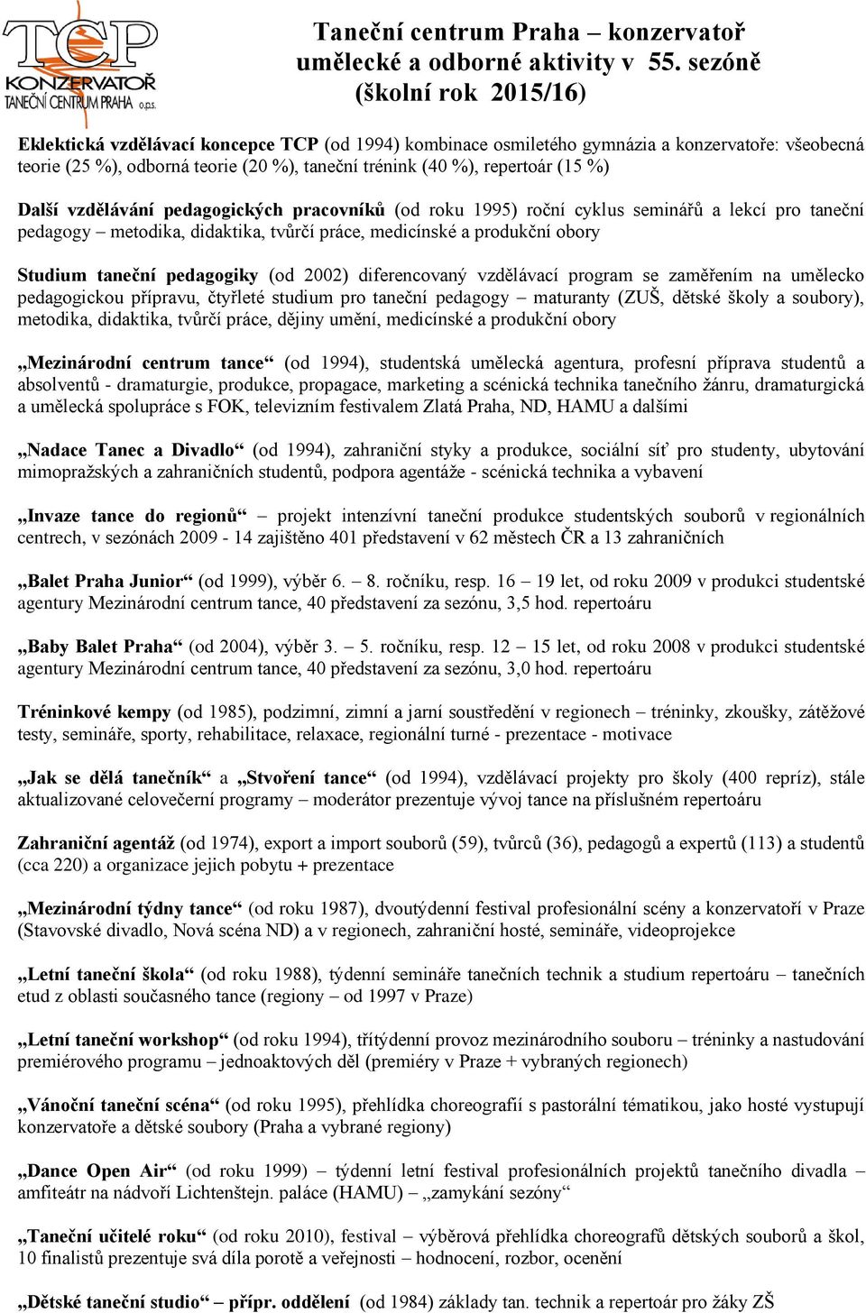 repertoár (15 %) Další vzdělávání pedagogických pracovníků (od roku 1995) roční cyklus seminářů a lekcí pro taneční pedagogy metodika, didaktika, tvůrčí práce, medicínské a produkční obory Studium