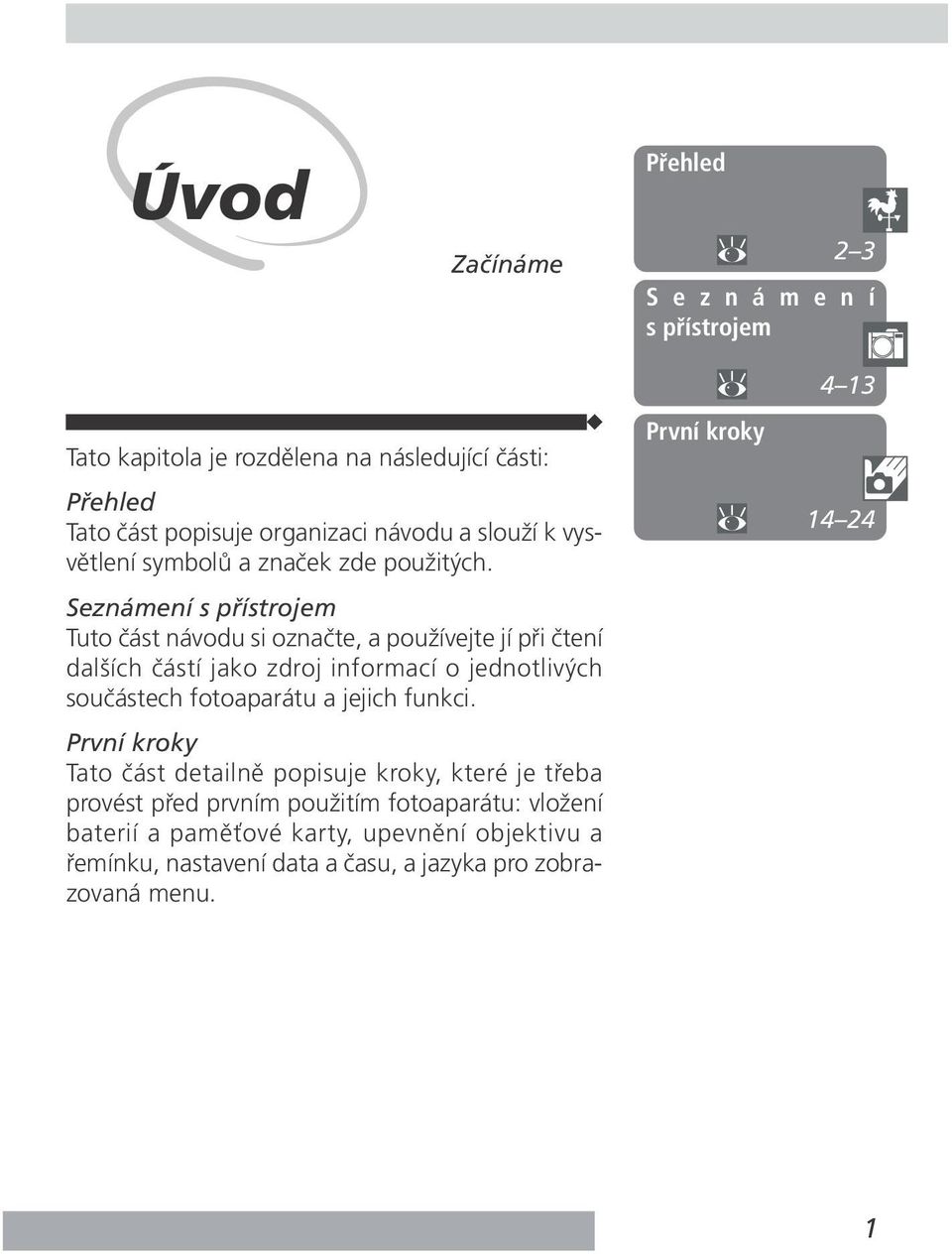 Seznámení s přístrojem Tuto část návodu si označte, a používejte jí při čtení dalších částí jako zdroj informací o jednotlivých součástech fotoaparátu a