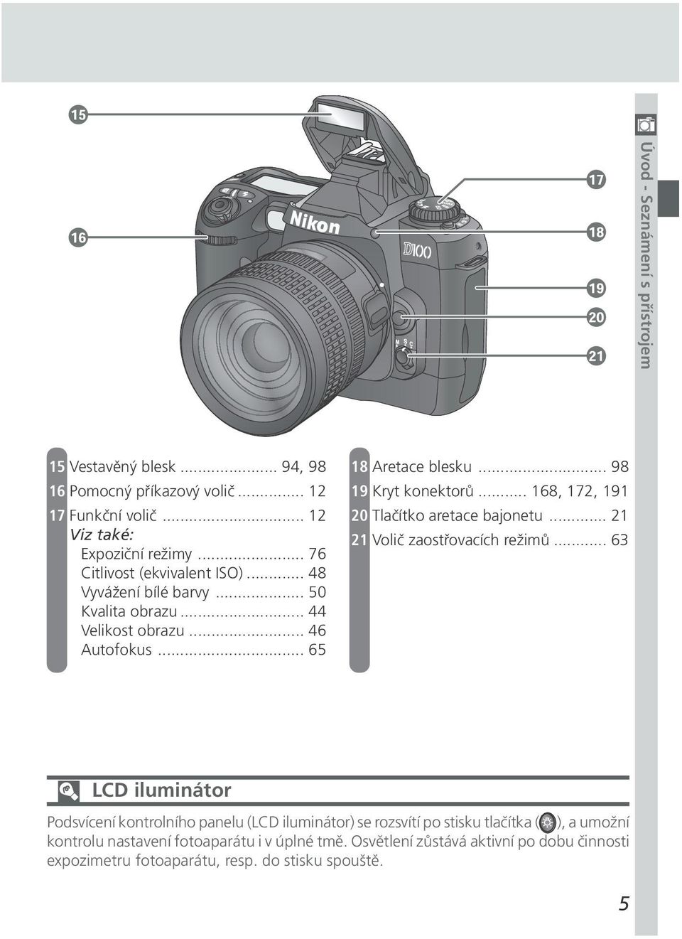 .. 98 19 Kryt konektorů... 168, 172, 191 20 Tlačítko aretace bajonetu... 21 21 Volič zaostřovacích režimů.