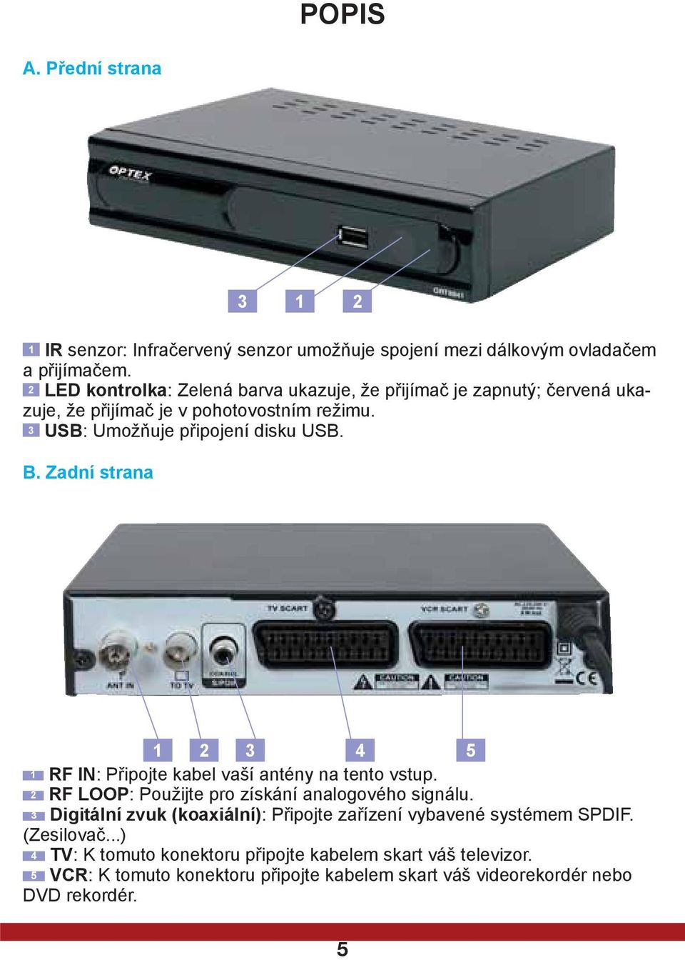 Zadní strana 1 2 3 4 5 1 RF IN: Připojte kabel vaší antény na tento vstup. 2 RF LOOP: Použijte pro získání analogového signálu.