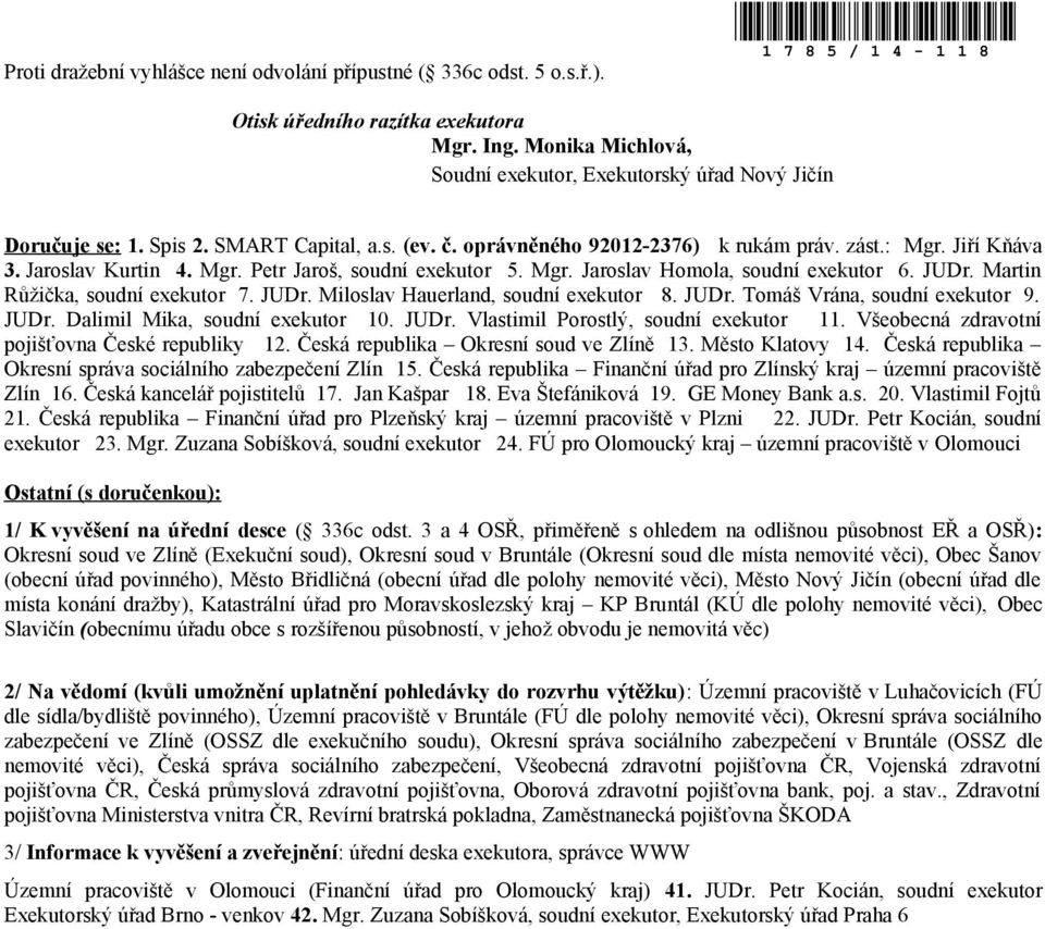 Mgr. Petr Jaroš, soudní exekutor 5. Mgr. Jaroslav Homola, soudní exekutor 6. JUDr. Martin Růžička, soudní exekutor 7. JUDr. Miloslav Hauerland, soudní exekutor 8. JUDr. Tomáš Vrána, soudní exekutor 9.
