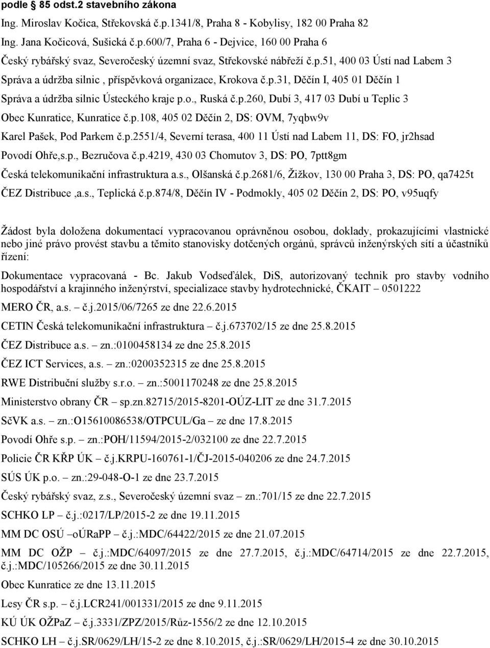 p.108, 405 02 Děčín 2, DS: OVM, 7yqbw9v Karel Pašek, Pod Parkem č.p.2551/4, Severní terasa, 400 11 Ústí nad Labem 11, DS: FO, jr2hsad Povodí Ohře,s.p., Bezručova č.p.4219, 430 03 Chomutov 3, DS: PO, 7ptt8gm Česká telekomunikační infrastruktura a.