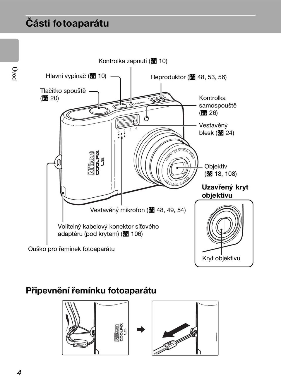 3 Objektiv (c 18, 108) Uzavřený kryt objektivu Vestavěný mikrofon (c 48, 49, 54) Volitelný kabelový konektor