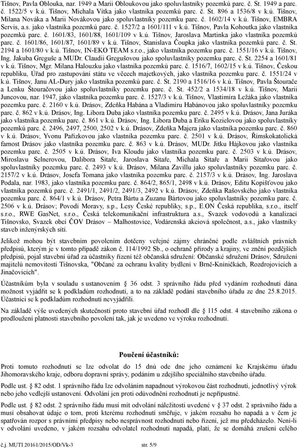 č. 1601/86, 1601/87, 1601/89 v k.ú. Tišnov, Stanislava Čoupka jako vlastníka pozemků parc. č. St. 2194 a 1601/80 v k.ú. Tišnov, IN-EKO TEAM s.r.o., jako vlastníka pozemku parc. č. 1551/16 v k.ú. Tišnov, Ing.