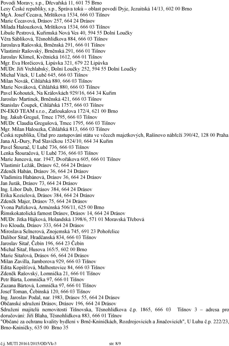 Sáblíková, Těsnohlídkova 884, 666 03 Tišnov Jaroslava Rašovská, Brněnská 291, 666 01 Tišnov Vlastimír Rašovský, Brněnská 291, 666 01 Tišnov Jaroslav Klimeš, Květnická 1612, 666 01 Tišnov Mgr.