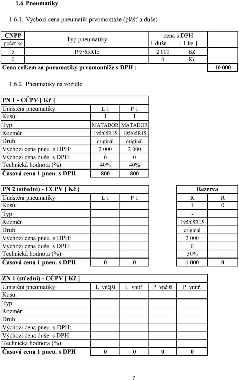 Pneumatiky na vozidle PN 1 - CČPV [ Kč ] Umístění pneumatiky: L 1 P 1 Kusů: 1 1 Typ: MATADOR MATADOR Rozměr: 195/65R15 195/65R15 Druh: originál originál Výchozí cena pneu.