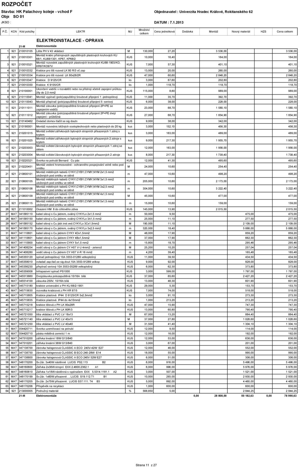 KCN Kód položky LEKTR MJ ELEKTROINSTALACE - OPRAVA 21-M Elektromontáže Množství celkem Cena jednotková Dodávka Montáž Nosný materiál HZS Cena celkem 1 921 210010105 Lišta PH V 43 vkládací M 130,000