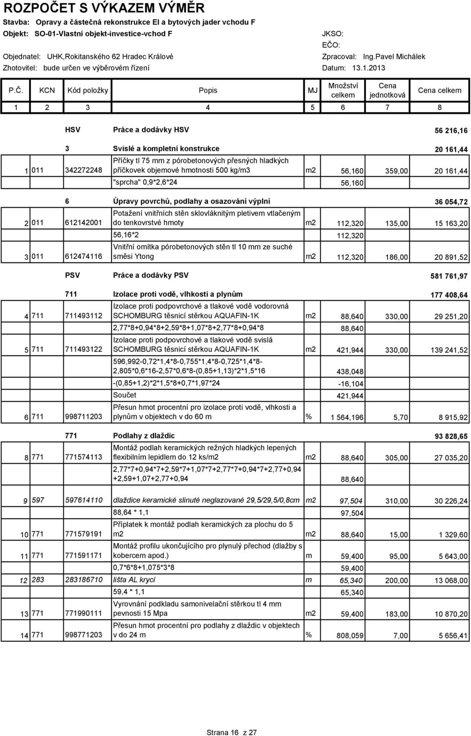 KCN Kód položky Popis MJ Množství celkem Cena jednotková Cena celkem 1 2 3 4 5 6 7 8 HSV Práce a dodávky HSV 56 216,16 1 011 342272248 2 011 612142001 3 011 612474116 3 Svislé a kompletní konstrukce