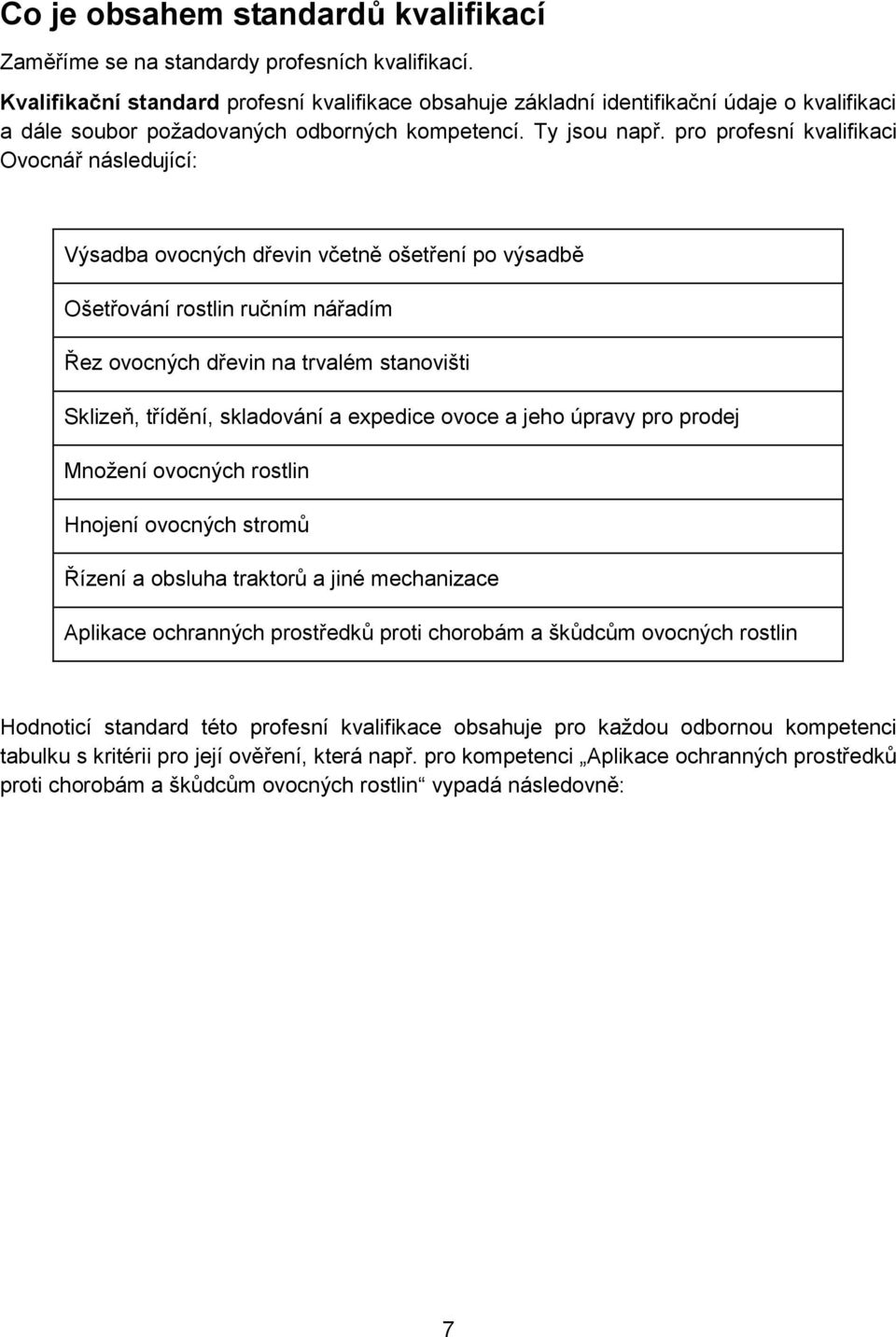 pro profesní kvalifikaci Ovocnář následující: Výsadba ovocných dřevin včetně ošetření po výsadbě Ošetřování rostlin ručním nářadím Řez ovocných dřevin na trvalém stanovišti Sklizeň, třídění,