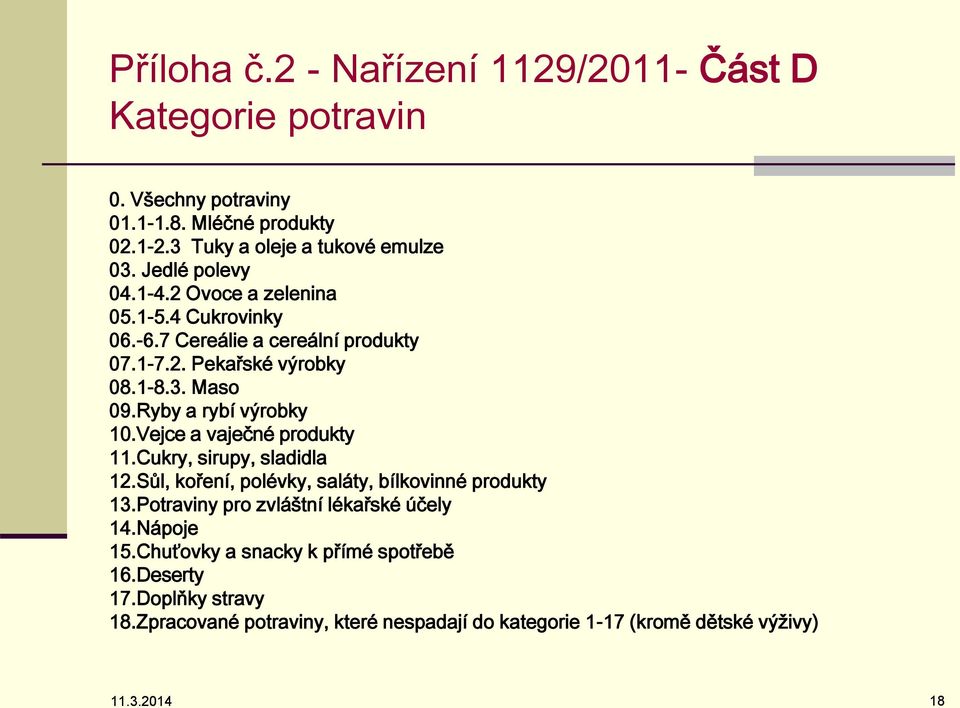 Ryby a rybí výrobky 10.Vejce a vaječné produkty 11.Cukry, sirupy, sladidla 12.Sůl, koření, polévky, saláty, bílkovinné produkty 13.