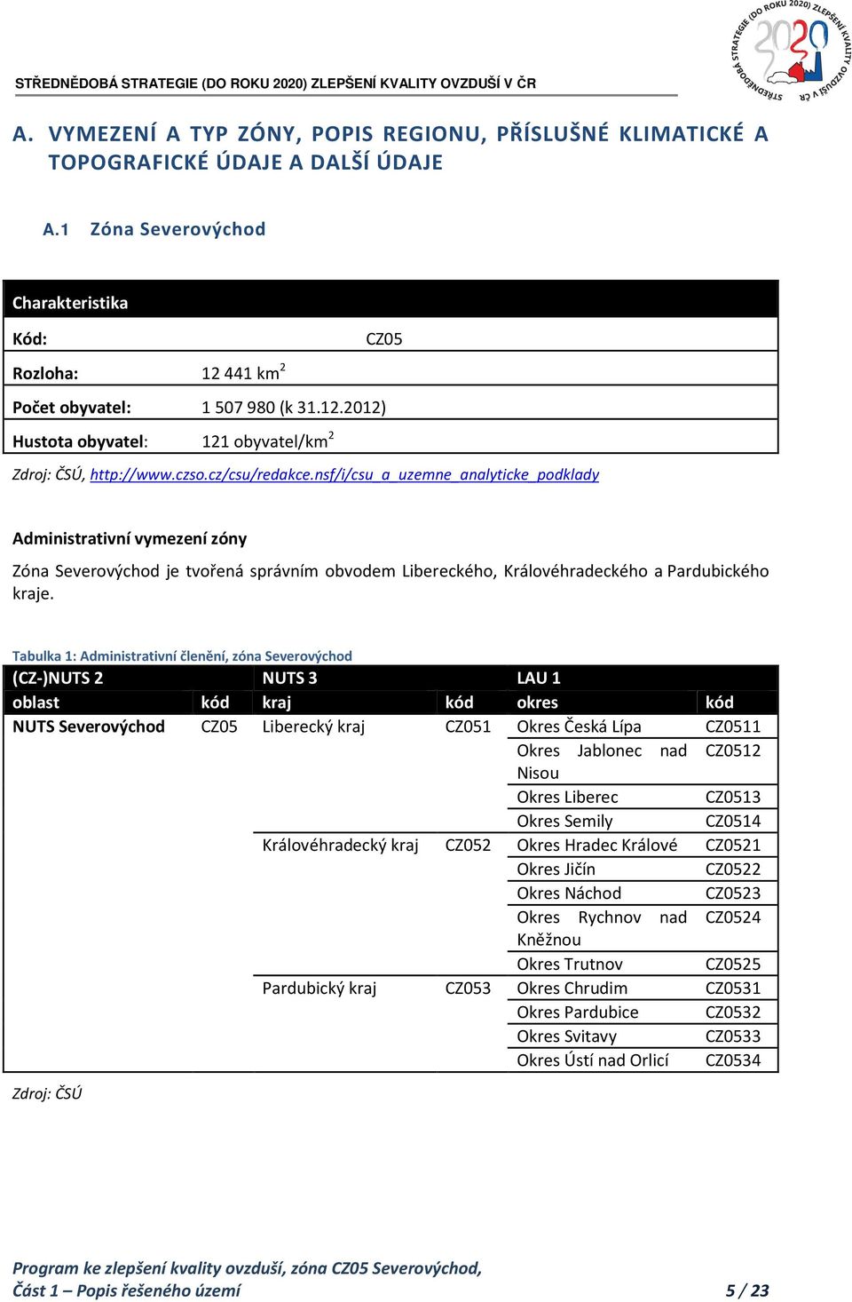 nsf/i/csu_a_uzemne_analyticke_podklady Administrativní vymezení zóny Zóna Severovýchod je tvořená správním obvodem Libereckého, Královéhradeckého a Pardubického kraje.