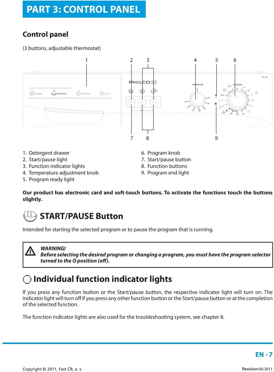 To activate the functions touch the buttons slightly. START/PAUSE Button Intended for starting the selected program or to pause the program that is running. WARNING!