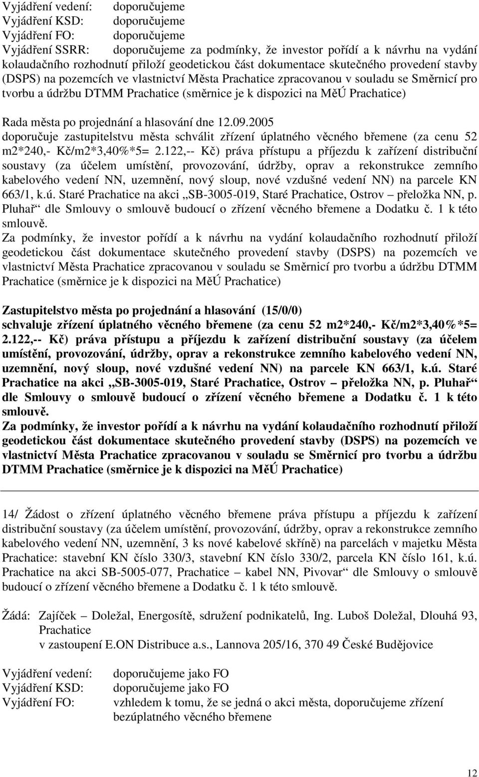 dispozici na MěÚ Prachatice) doporučuje zastupitelstvu města schválit zřízení úplatného věcného břemene (za cenu 52 m2*240,- Kč/m2*3,40%*5= 2.