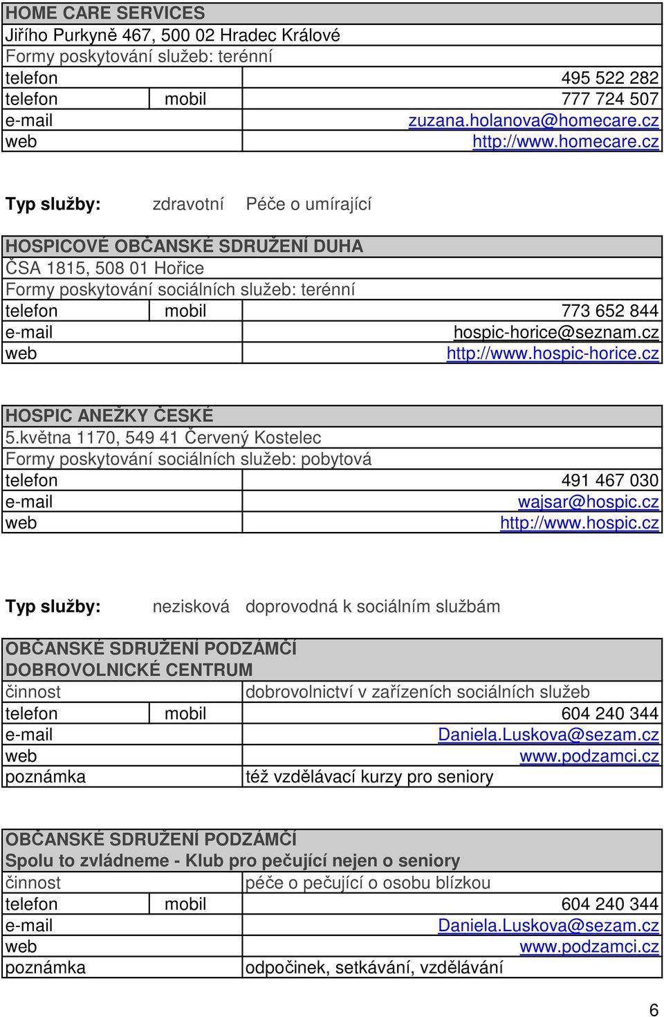 cz Typ služby: zdravotní Péče o umírající HOSPICOVÉ OBČANSKÉ SDRUŽENÍ DUHA ČSA 1815, 508 01 Hořice Formy poskytování sociálních služeb: terénní mobil 773 652 844 hospic-horice@seznam.cz http://www.