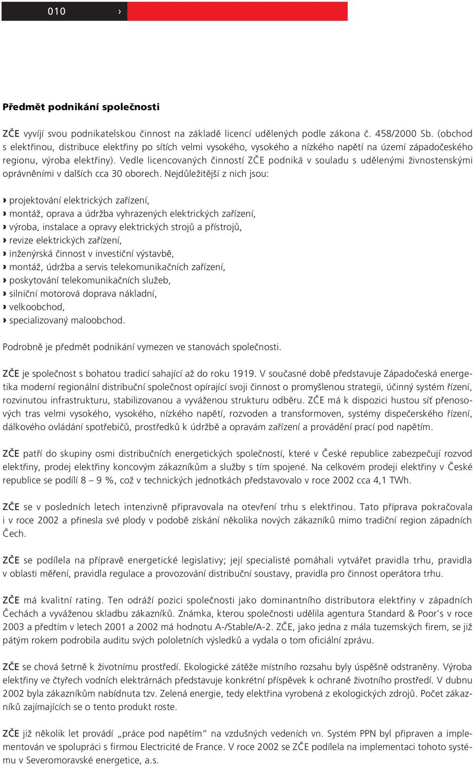 Vedle licencovan ch ãinností ZâE podniká v souladu s udûlen mi Ïivnostensk mi oprávnûními v dal ích cca 30 oborech.