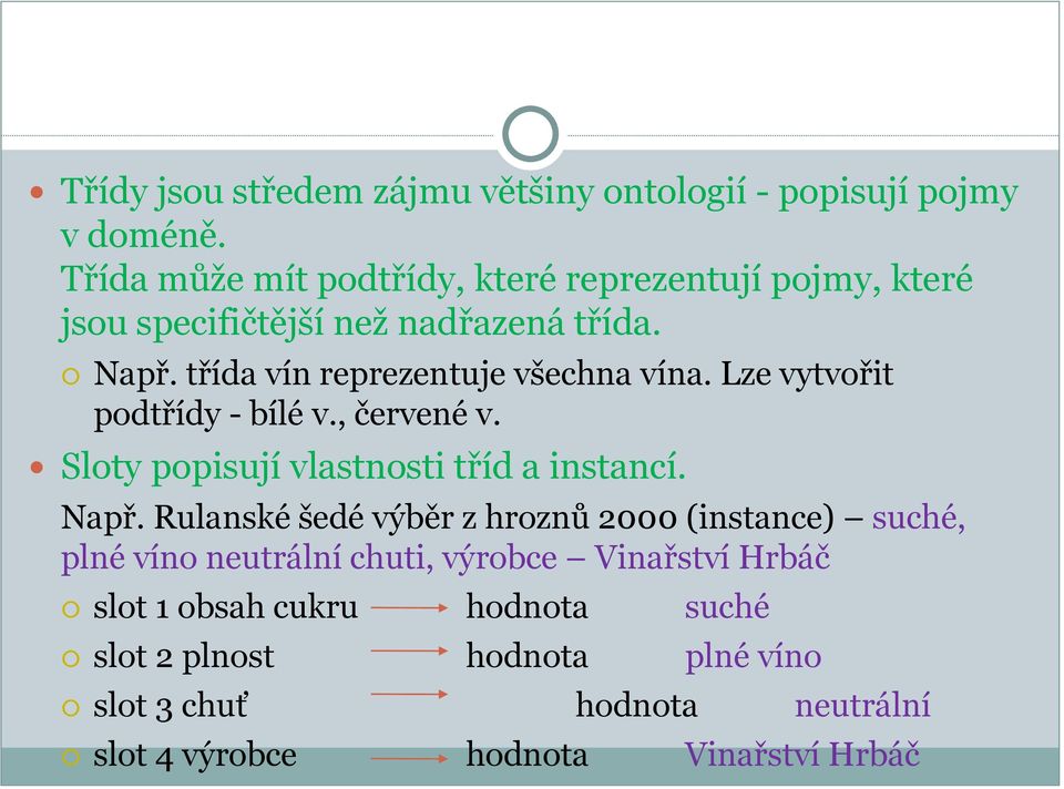 třída vín reprezentuje všechna vína. Lze vytvořit podtřídy - bílé v., červené v. Sloty popisují vlastnosti tříd a instancí. Např.