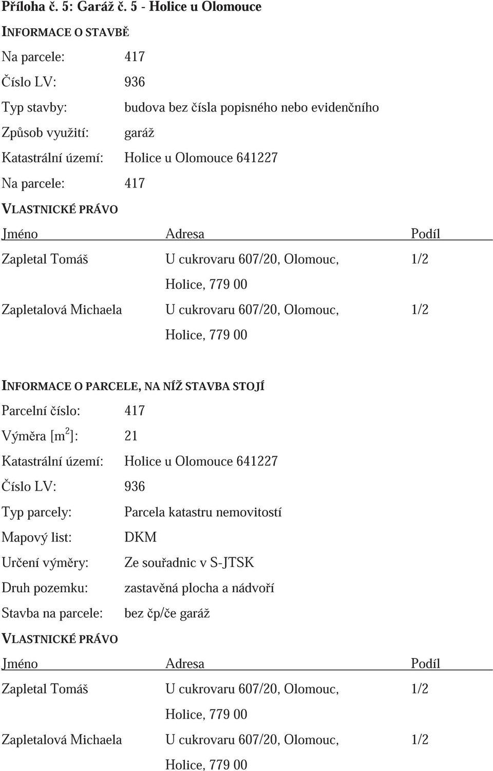 parcele: 417 VLASTNICKÉ PRÁVO Jméno Adresa Podíl Zapletal Tomáš U cukrovaru 607/20, Olomouc, 1/2 Holice, 779 00 Zapletalová Michaela U cukrovaru 607/20, Olomouc, 1/2 Holice, 779 00 INFORMACE O