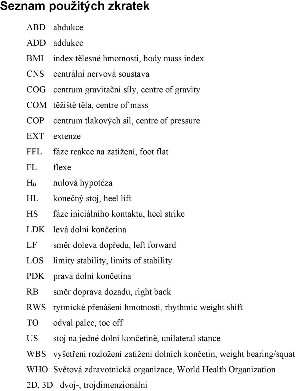 LDK levá dolní končetina LF směr doleva dopředu, left forward LOS limity stability, limits of stability PDK pravá dolní končetina RB směr doprava dozadu, right back RWS rytmické přenášení hmotnosti,