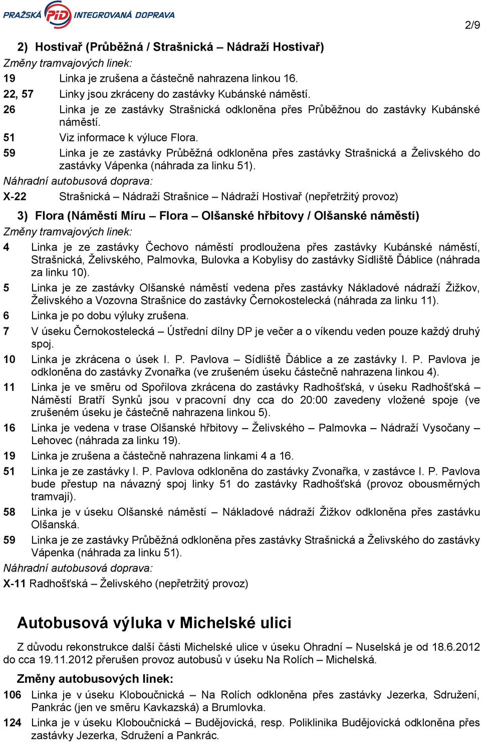 59 Linka je ze zastávky Průběţná odkloněna přes zastávky Strašnická a Ţelivského do zastávky Vápenka (náhrada za linku 51).