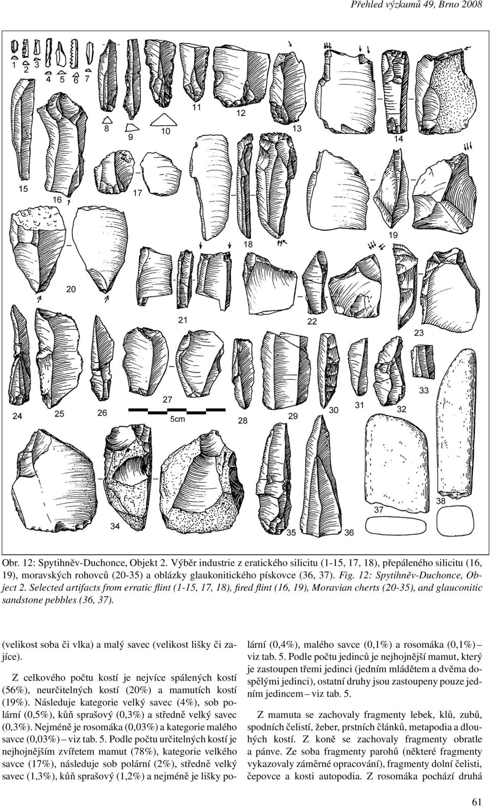 Selected artifacts from erratic flint (1-15, 17, 18), fired flint (16, 19), Moravian cherts (20-35), and glauconitic sandstone pebbles (36, 37).