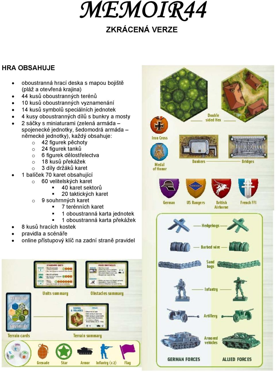 figurek pěchoty o 24 figurek tanků o 6 figurek dělostřelectva o 18 kusů překážek o 3 díly držáků karet 1 balíček 70 karet obsahující o 60 velitelských karet 40 karet sektorů 20