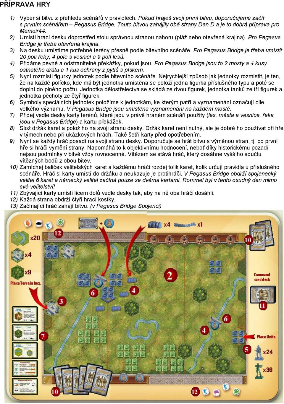 Pro Pegasus Bridge je třeba otevřená krajina. 3) Na desku umístíme potřebné terény přesně podle bitevního scénáře. Pro Pegasus Bridge je třeba umístit 20 polí řeky, 4 pole s vesnicí a 9 polí lesů.